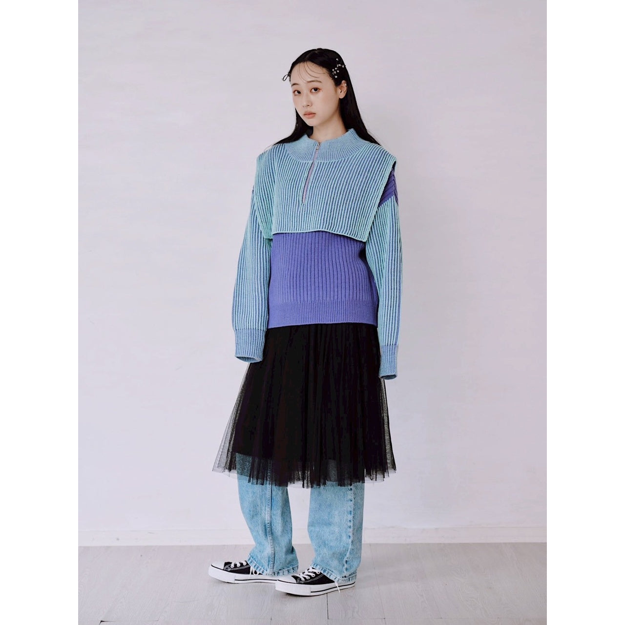 【PRE-ORDER】COLOR MIX HALF ZIP KNIT TOP