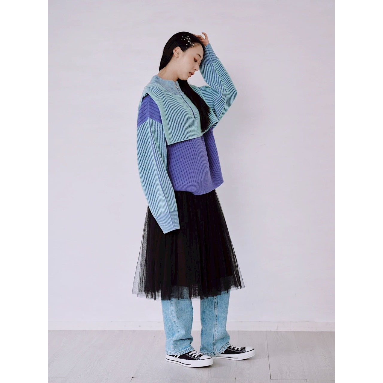 【PRE-ORDER】COLOR MIX HALF ZIP KNIT TOP