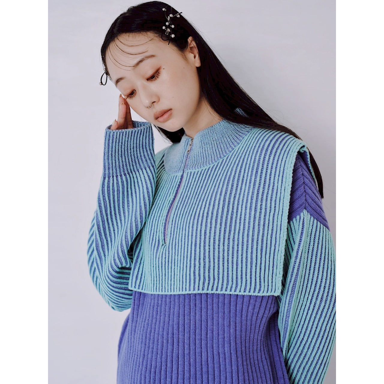 【PRE-ORDER】COLOR MIX HALF ZIP KNIT TOP