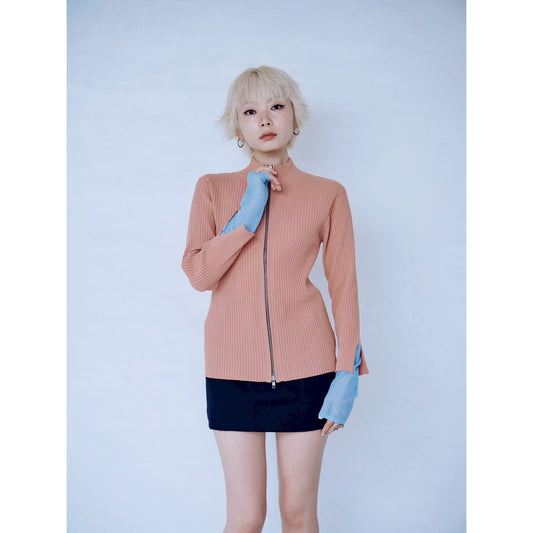 【ONLINE EXCLUSIVE】CONTRAST CUFF ZIP RIB KNIT CARDIGAN