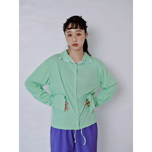 RIB HIGH NECK DRAWSTRING SHIRT