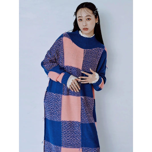 【PRE-ORDER】BLOCK CHECK KNIT DRESS
