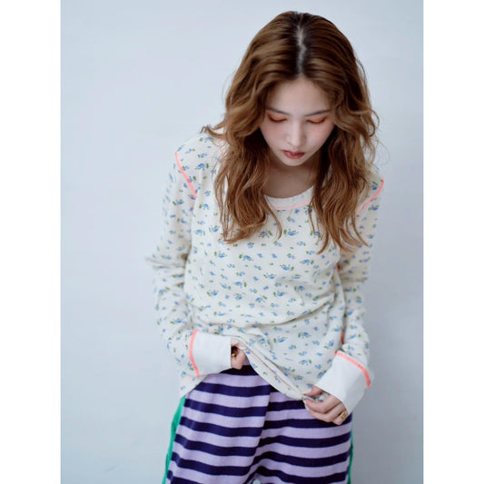 【PRE-ORDER】FLORAL WAFFLE CONTRAST STITCH TOP