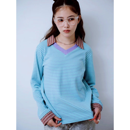 【PRE-ORDER】CHECK COLLAR STRIPED TOP