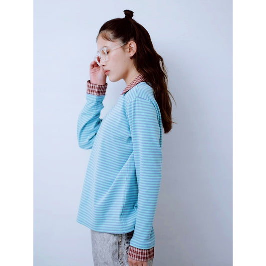 【PRE-ORDER】CHECK COLLAR STRIPED TOP