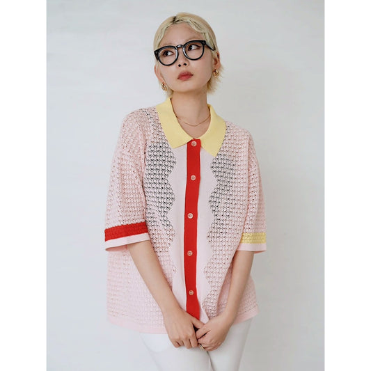 【PRE-ORDER】COLOR BLOCK COLLAR OPENWORK KNIT TOP