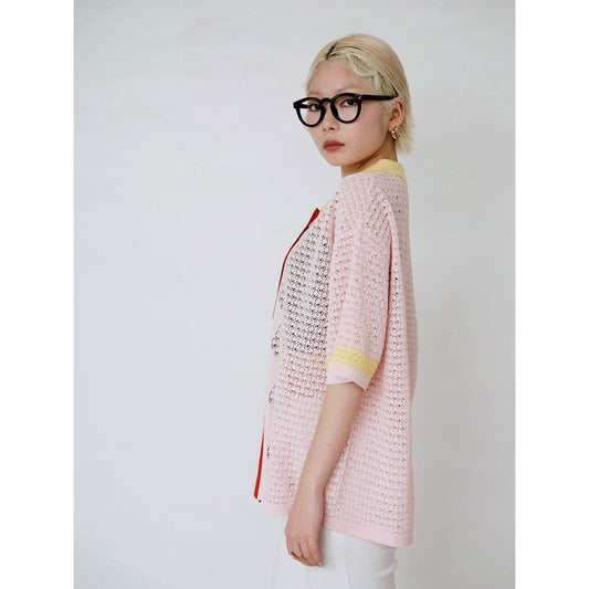 【PRE-ORDER】COLOR BLOCK COLLAR OPENWORK KNIT TOP
