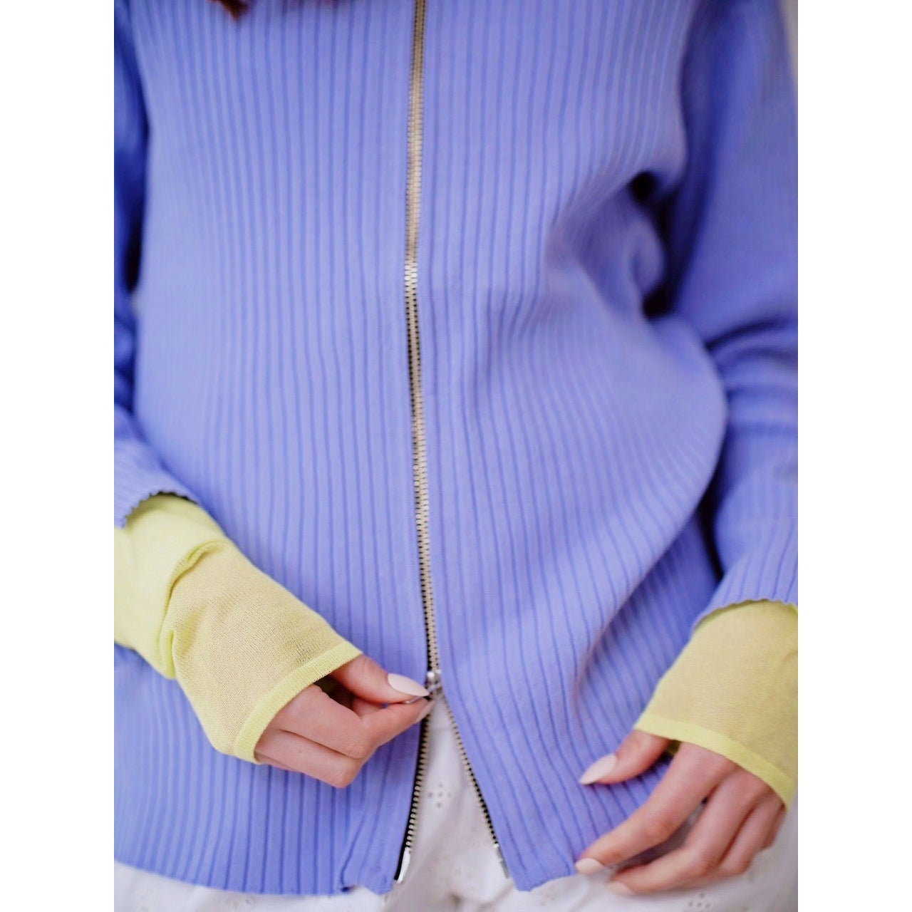 【ONLINE EXCLUSIVE】CONTRAST CUFF ZIP RIB KNIT CARDIGAN