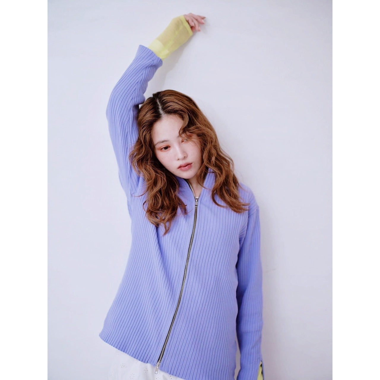 【ONLINE EXCLUSIVE】CONTRAST CUFF ZIP RIB KNIT CARDIGAN