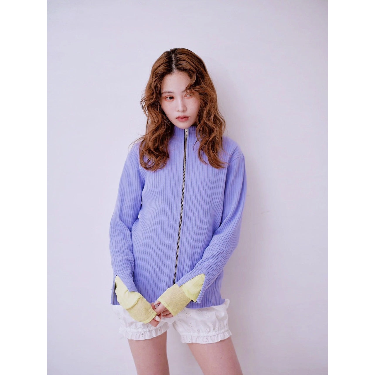 【ONLINE EXCLUSIVE】CONTRAST CUFF ZIP RIB KNIT CARDIGAN