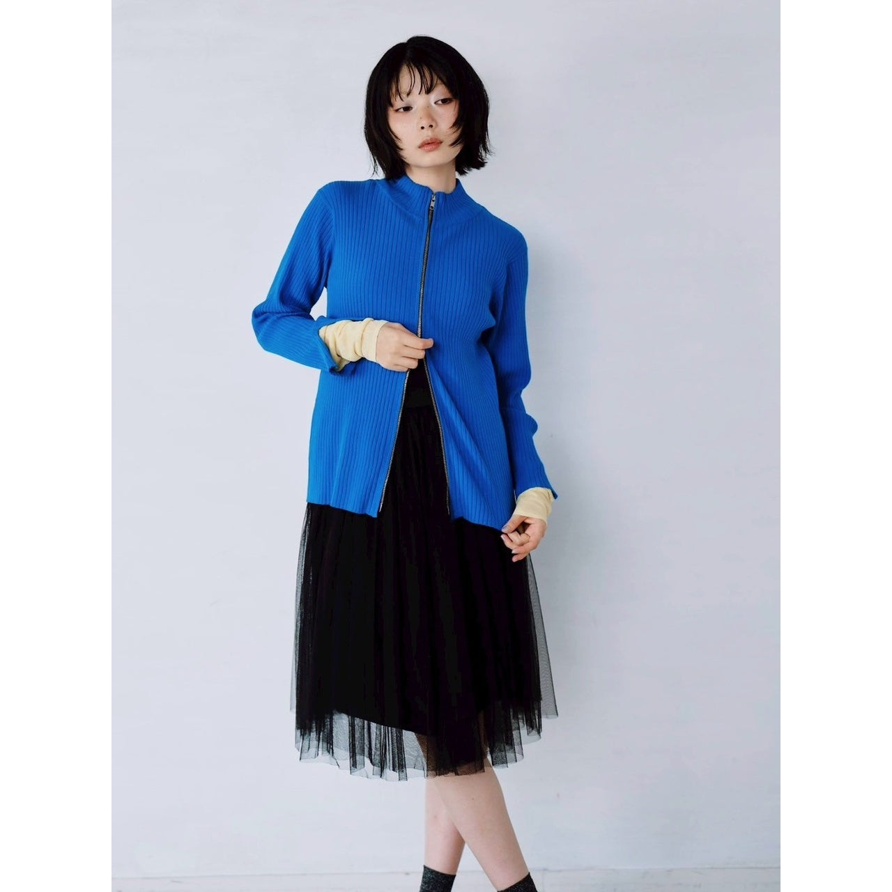 【ONLINE EXCLUSIVE】CONTRAST CUFF ZIP RIB KNIT CARDIGAN