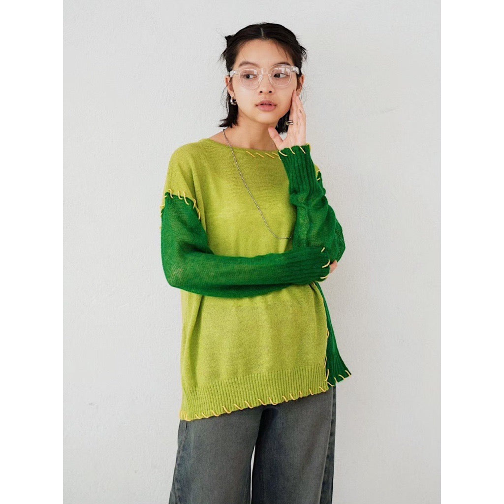 CONTRAST STITCH COLOR BLOCK KNIT TOP