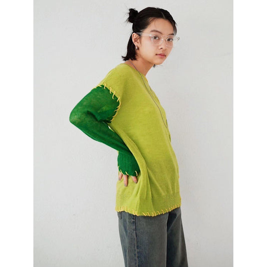 CONTRAST STITCH COLOR BLOCK KNIT TOP